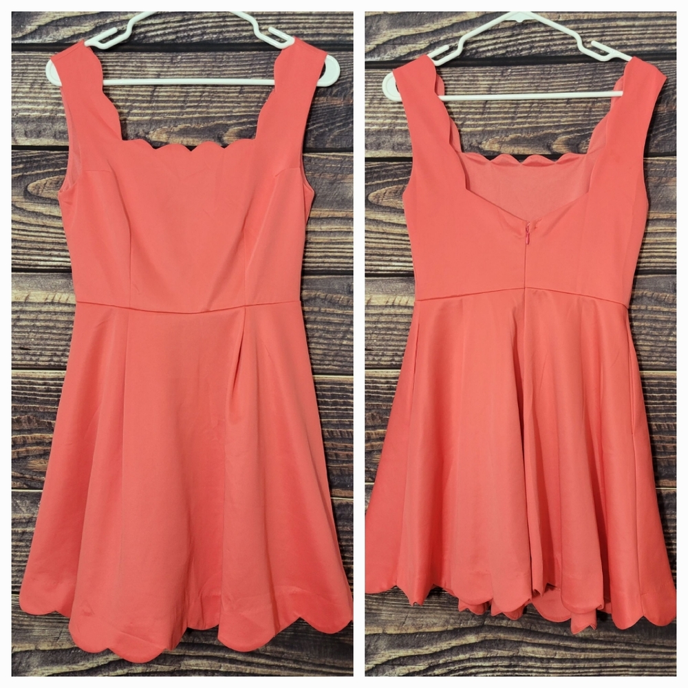 Medium Coral Banjul Scallop Edge Mini Dress with Pockets (Fit and Flare)